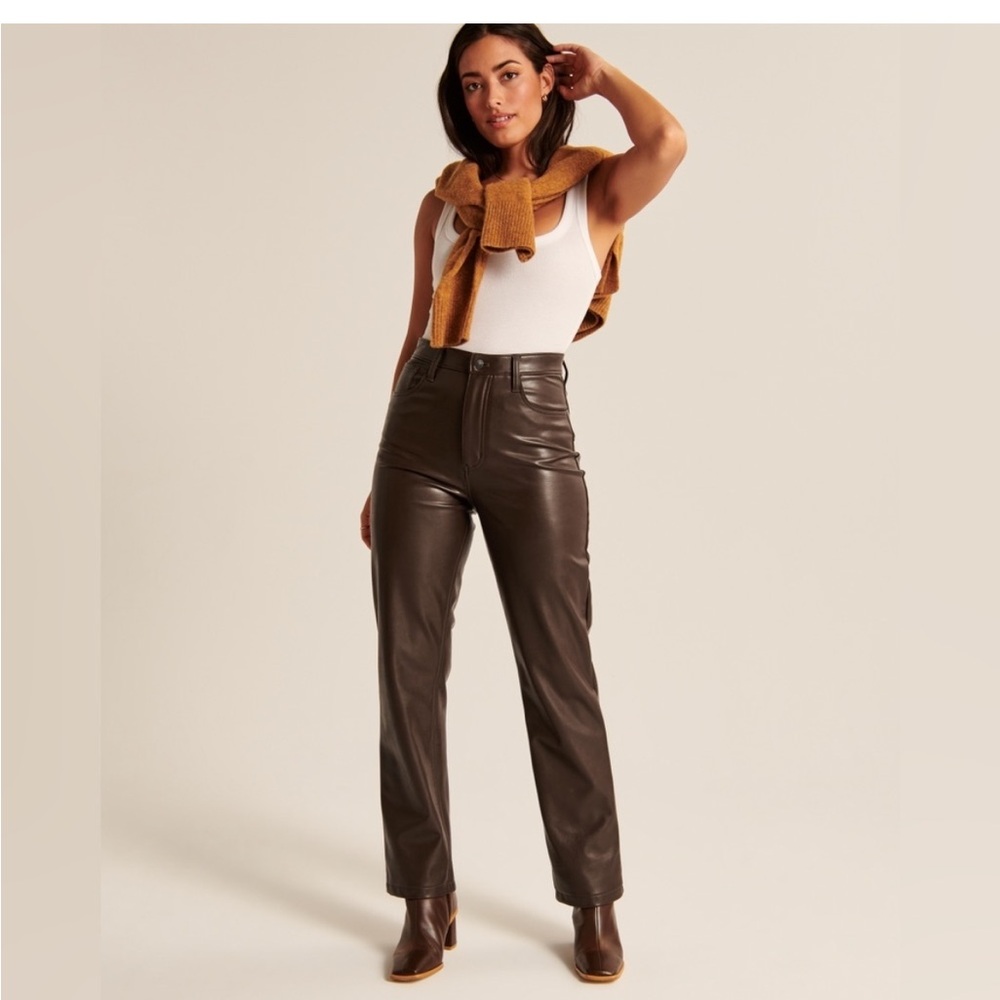ST. JOHN 100% real leather pants size 4 brown hi waist - Picture 8 of 16